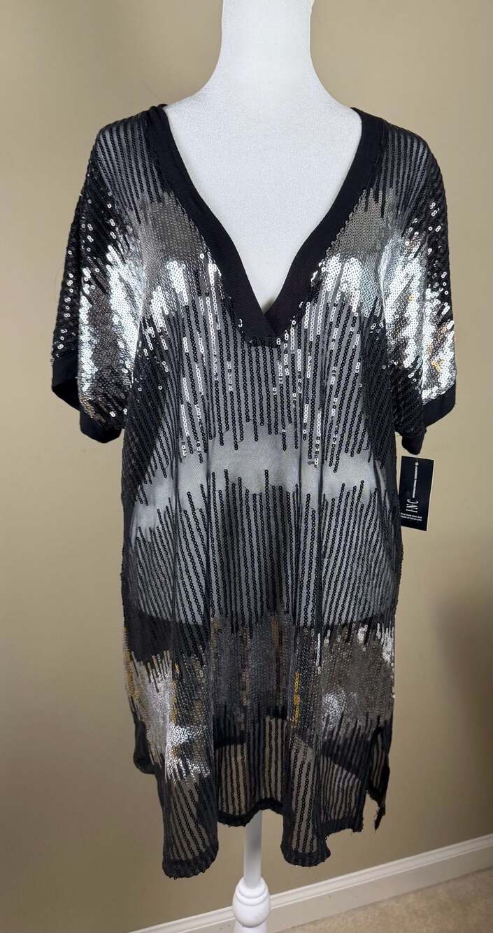 INC International Concepts XL NWT Black Silver Sequin Sheer Tunic VNeck orig $79